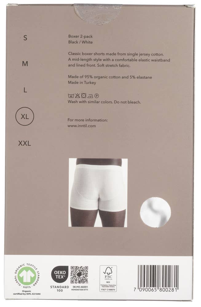Inntil Bokser i økologisk bomull Sort og hvit, str. XL