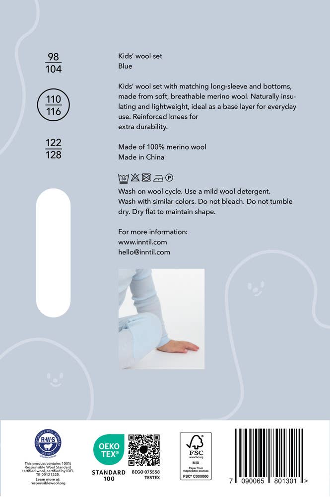Inntil Ullsett til barn i 100% merinoull Blå, str. 110-116