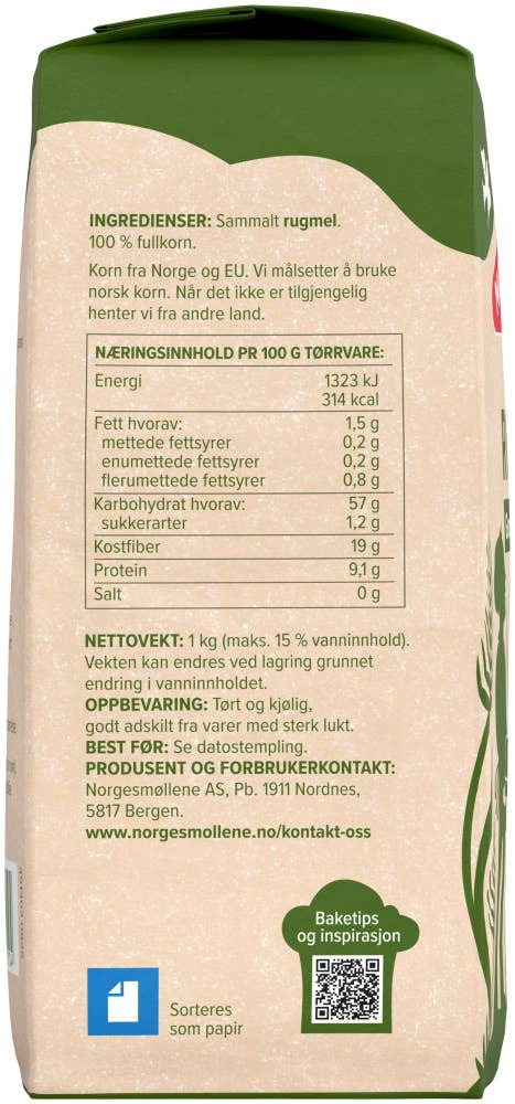 Norgesmøllene Sammalt rugmel Grovmalt fullkorn