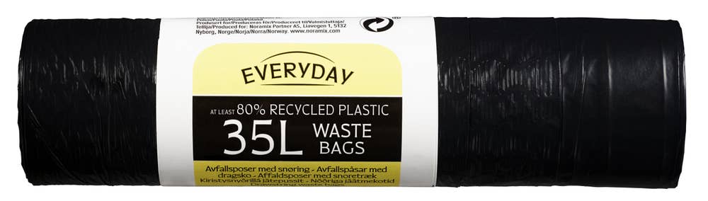 Everyday Avfallspose med snøring Sort, 35l, 80% resirkulert plast