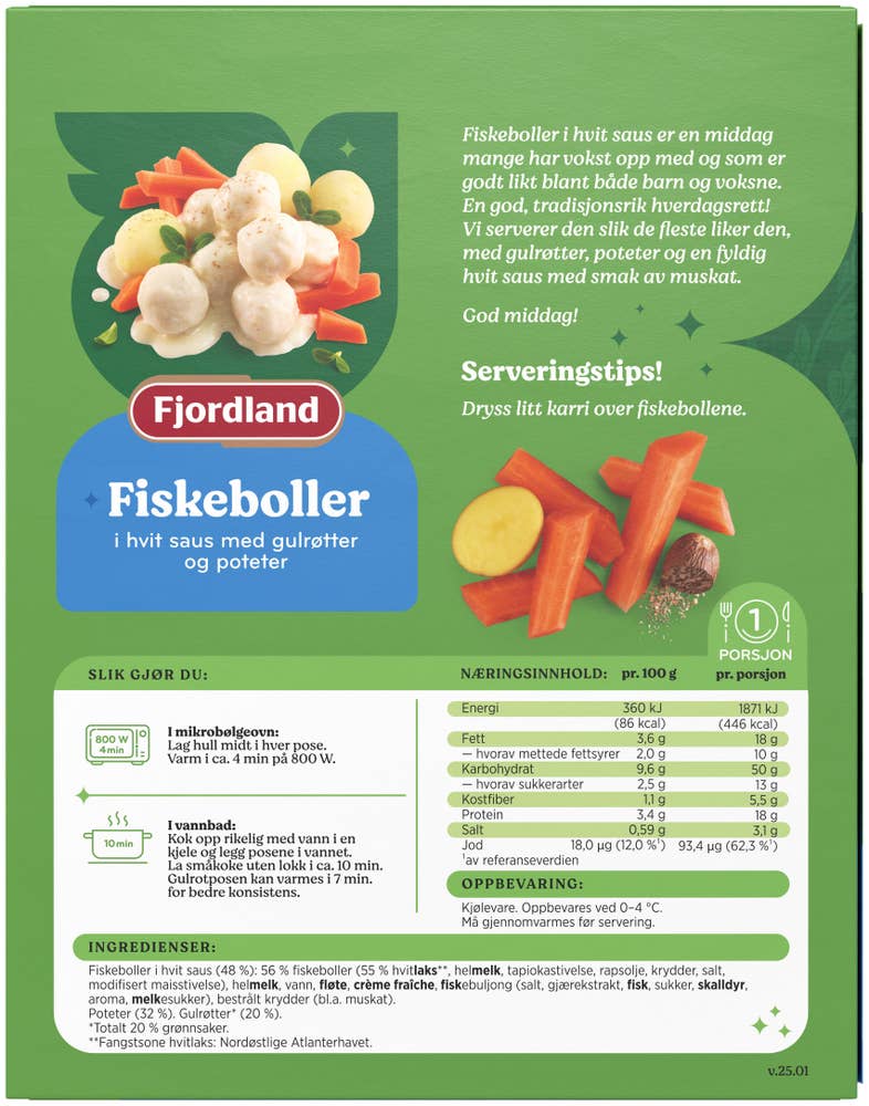 Fjordland Fiskeboller i hvit saus Med gulrøtter og poteter