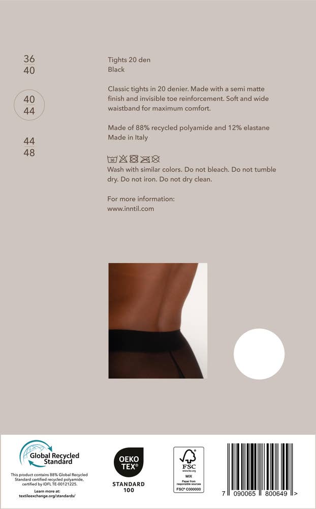 Inntil Strømpebukse 20 DEN Sort, str. 40-44, semi-matt