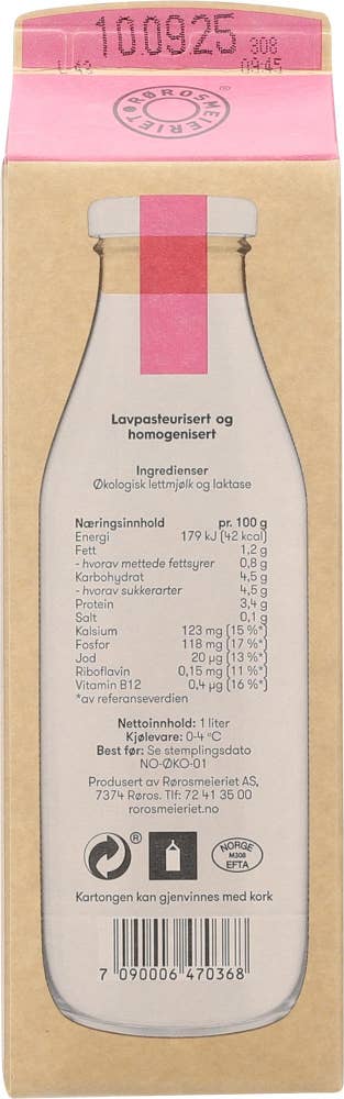 Rørosmeieriet Økologisk laktosefri lettmjølk 1,2% fett