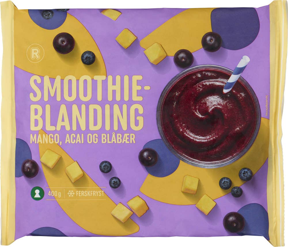 R Smoothieblanding med mango, açai og blåbær