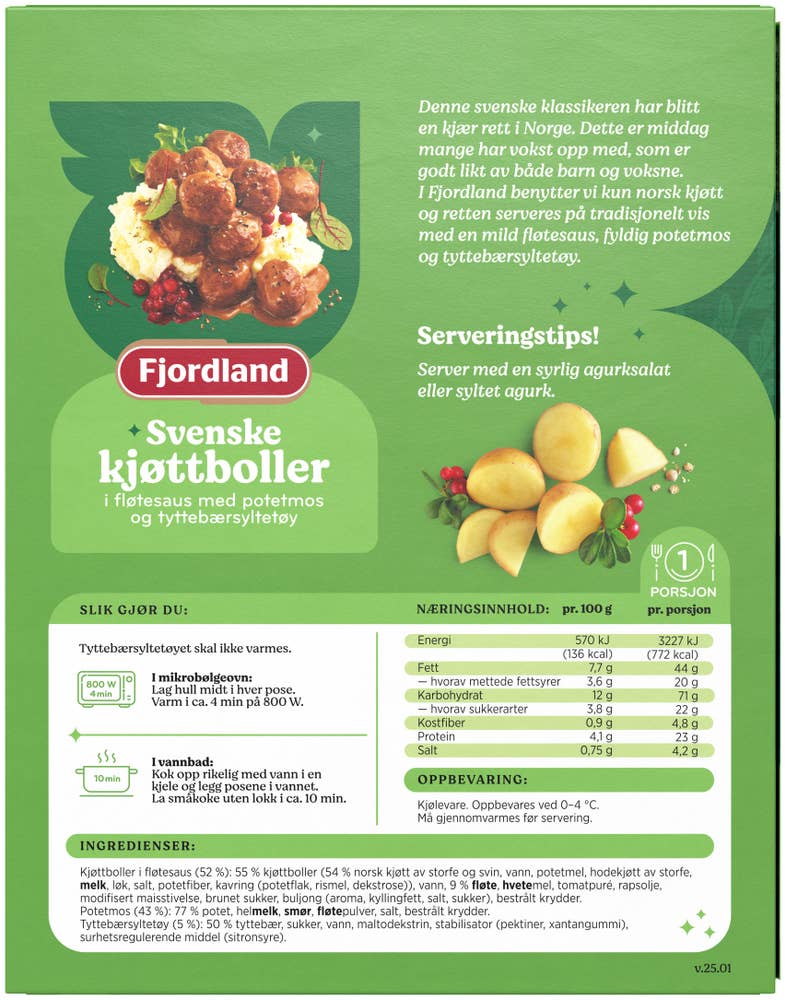 Fjordland Svenske kjøttboller I fløtesaus med potetstappe og tyttebærsyltetøy