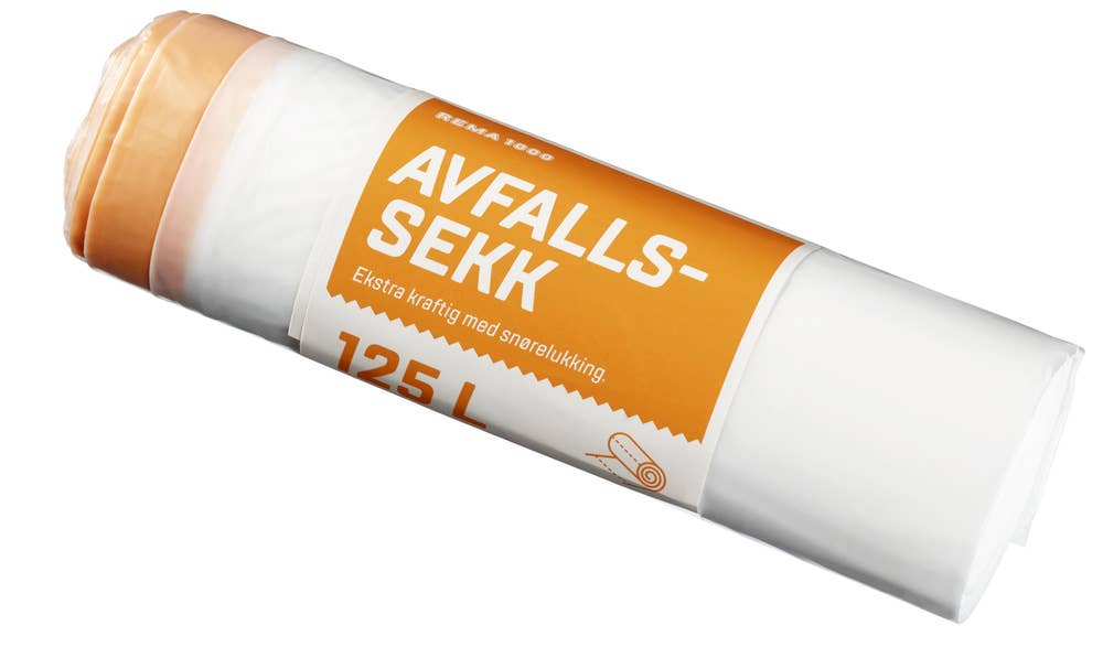 REMA 1000 Avfallssekk ekstra kraftig med snørelukking 125l, frosted, 32 my, 80x110 cm, 100% PE