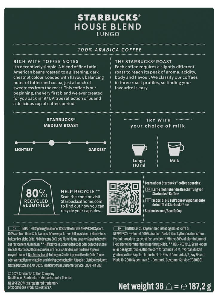 Starbucks House Blend multipack Lungo, 36 kapsler, intensitet 8