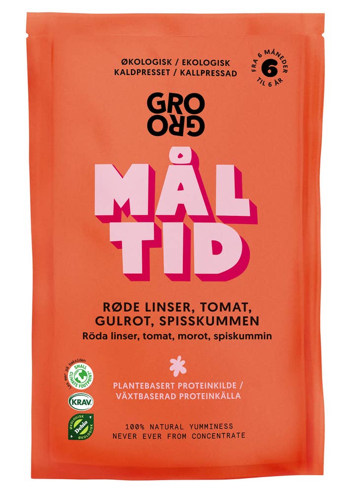 Grogro Måltid med røde linser og tomat Fra 6 mnd, økologisk