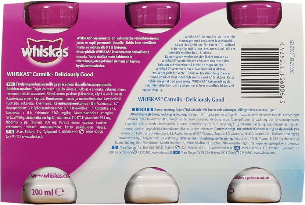 Melk med lav laktose til katter 3x200ml