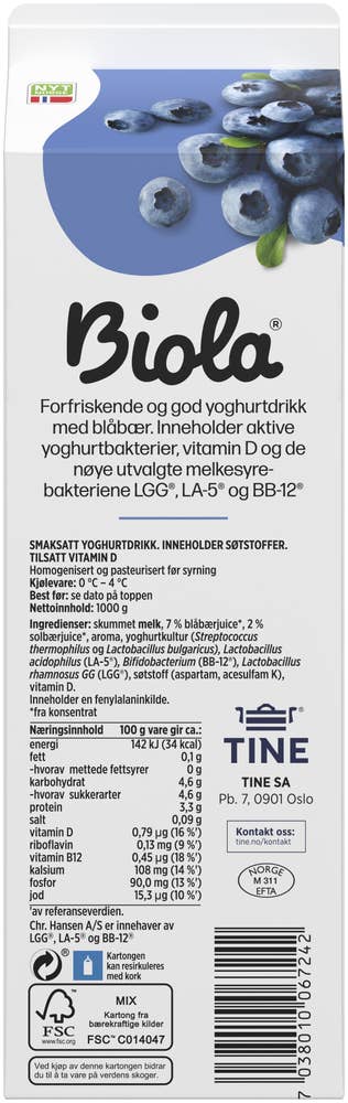 TINE Biola® yoghurtdrikk blåbær Uten Tilsatt Sukker