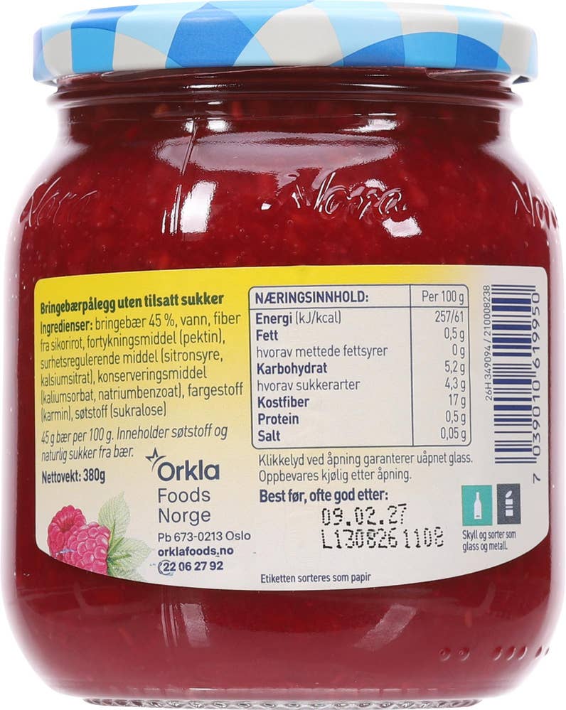 Stabburet Bringebærsyltetøy Uten tilsatt sukker