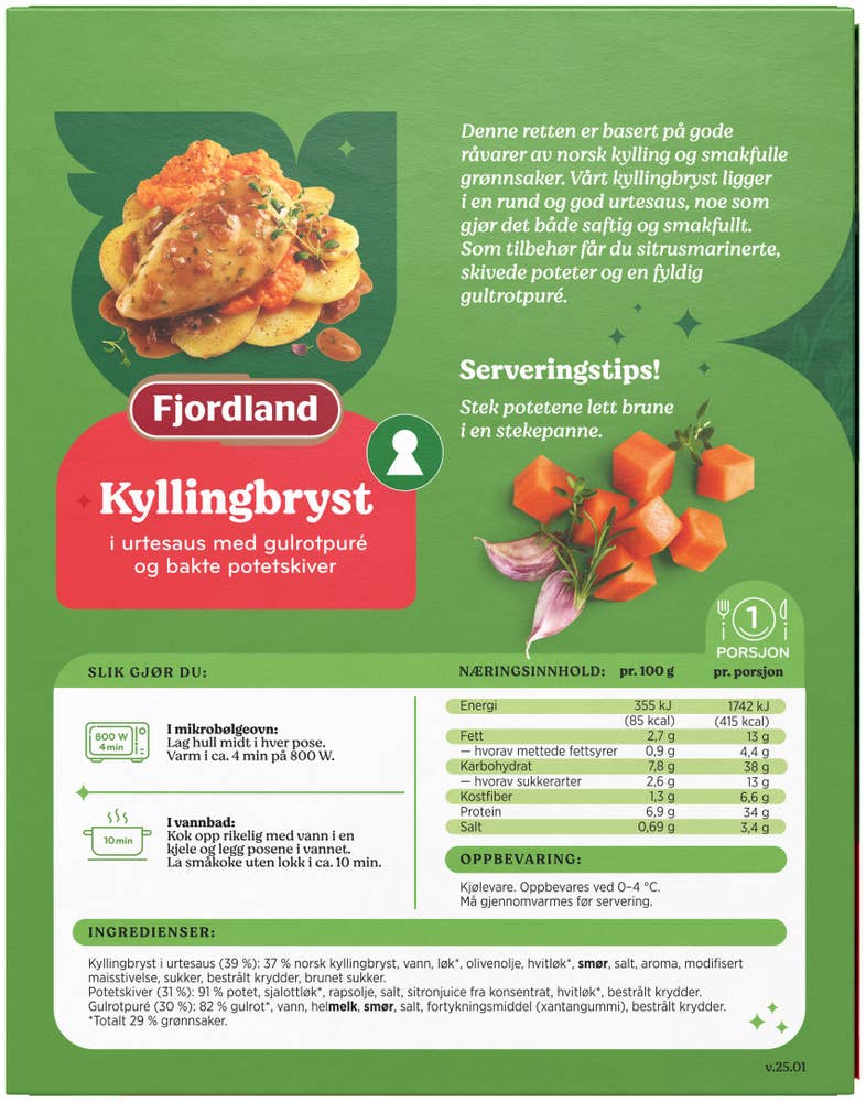 Fjordland Kyllingbryst Med urtesaus, gulrotpuré og skivede poteter