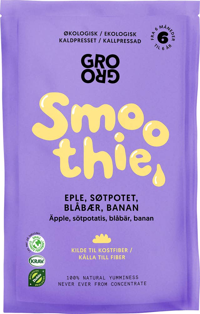 Grogro Smoothie med eple og blåbær Fra 6 mnd, Økologisk