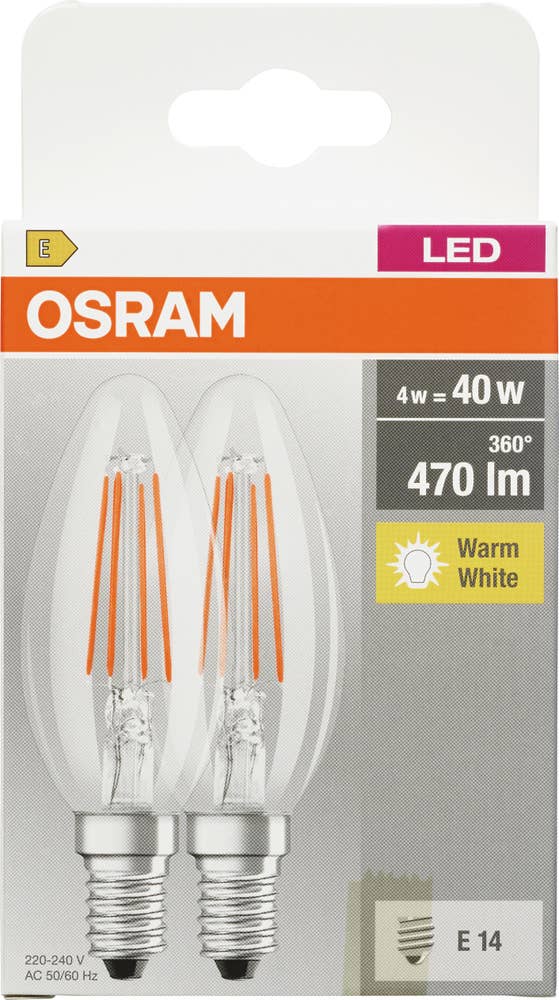 Osram LED-lyspære CLB 40 Klar, E14, 2-pk