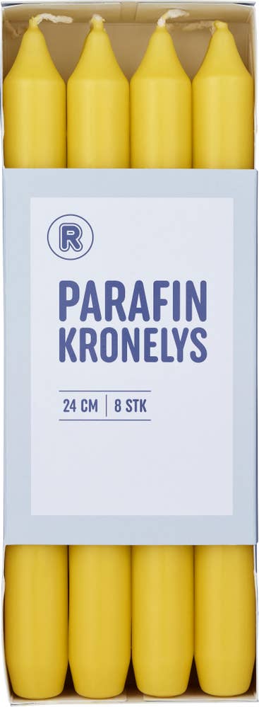 REMA 1000 Parafin kronelys gul 24 cm, 8 stk