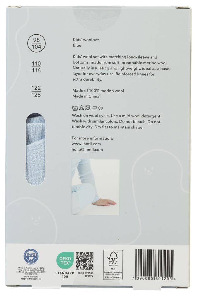 Inntil Ullsett til barn i 100% merinoull Blå, str 98-104