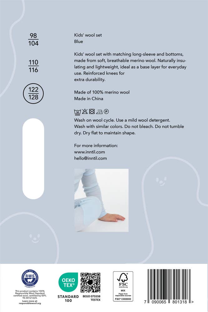 Inntil Ullsett til barn i 100% merinoull Blå, str 122-128
