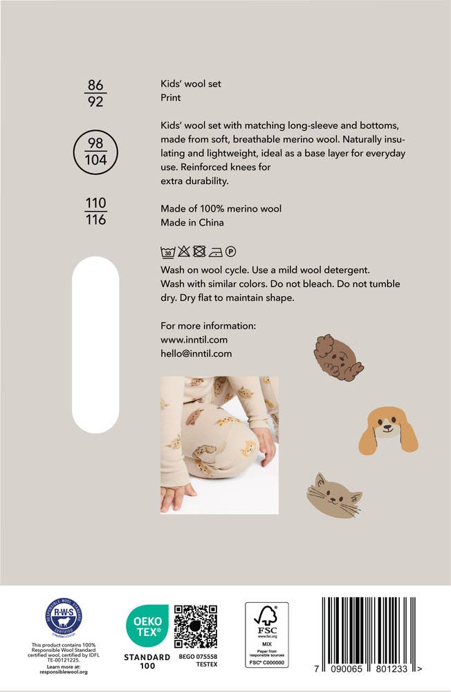 Inntil Ullsett til barn i 100% merinoull Med dyreprint, str 98-104