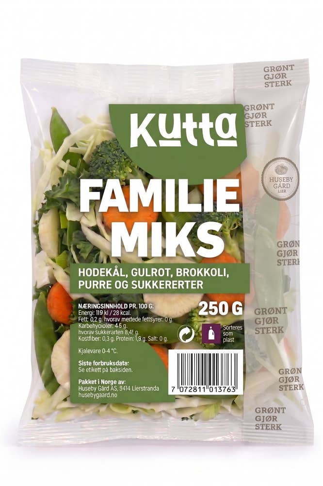 Huseby Gaard KUTTA Familiemiks Hodekål, gulrot, brokkoli, purre og sukkererter