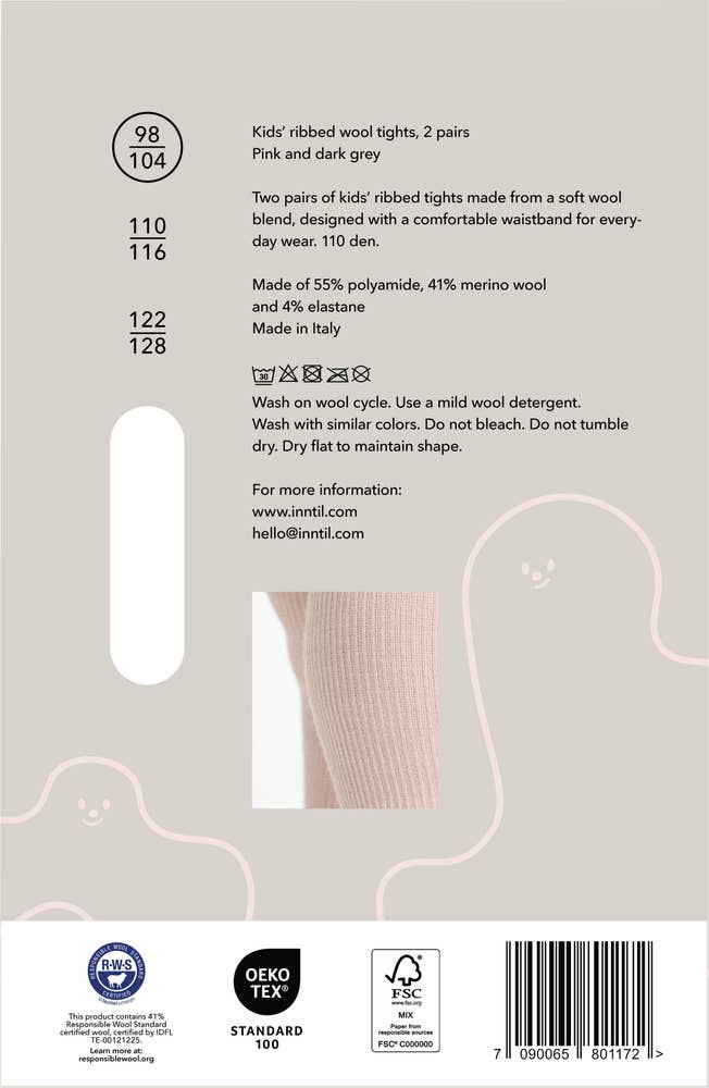 Inntil Ullstrømpebukse til barn Lysrosa og mørkegrå, str 98-104