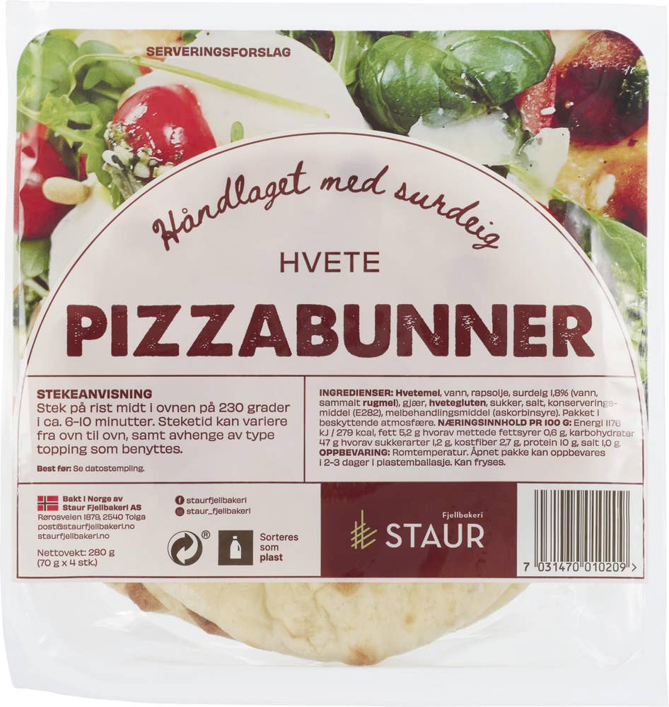 Staur Fjellbakeri Pizzabunn hvete 4stk, ca 16cm