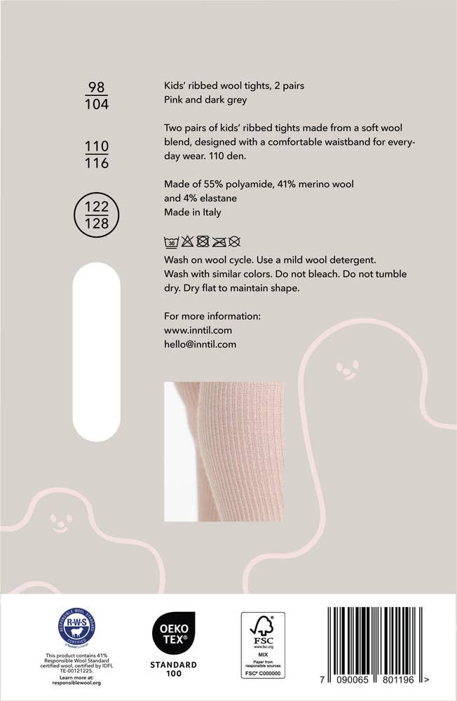 Inntil Ullstrømpebukse til barn Lysrosa og mørkegrå, str 122-128