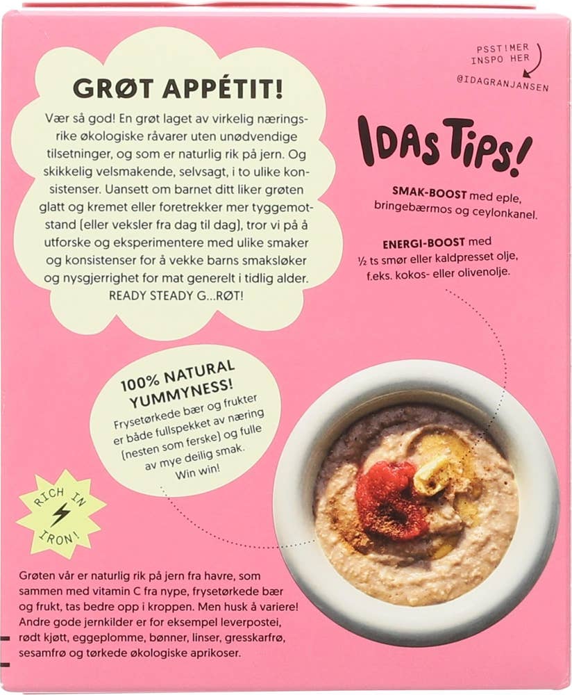 Grogro Pulvergrøt Creamy med havre, banan og bringebær, Fra 6 mnd.