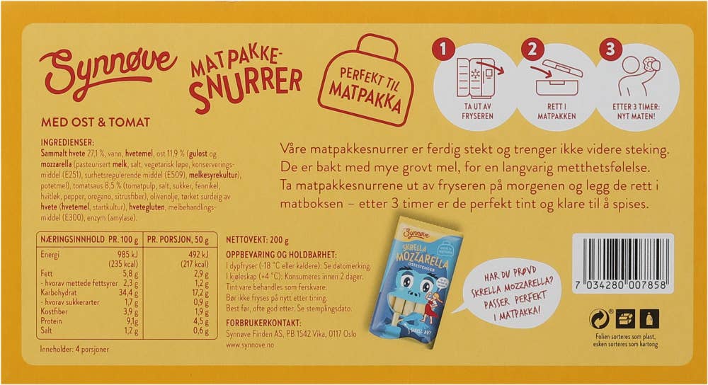 Synnøve Matpakkesnurrer Ost og tomat, 4 stk