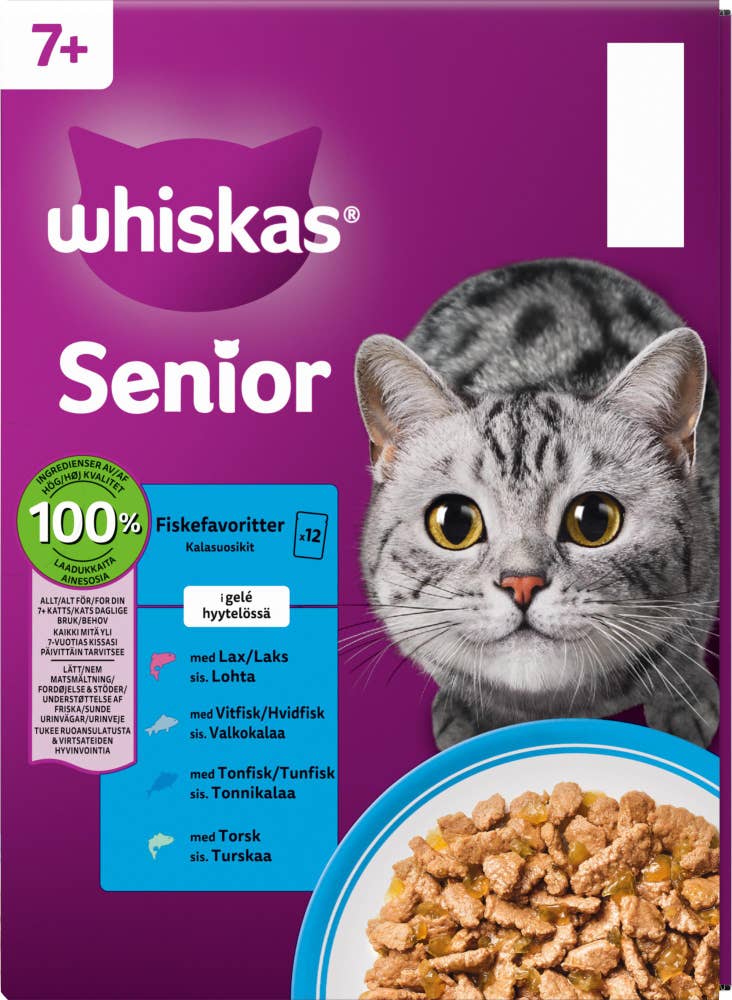 Whiskas Fish Selection Våtfôr med laks, tunfisk, torsk og hvitfisk i gelé Til seniorkatter fra 7 år, 12 x 85g