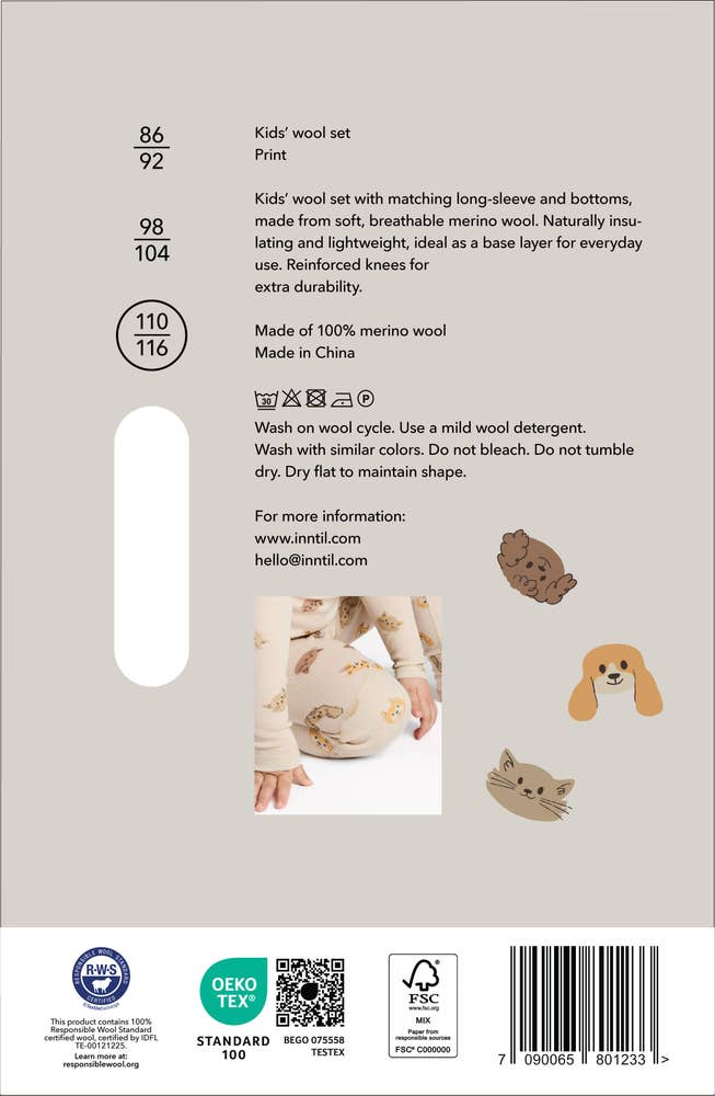 Inntil Ullsett til barn i 100% merinoull Med dyreprint, str 110-116