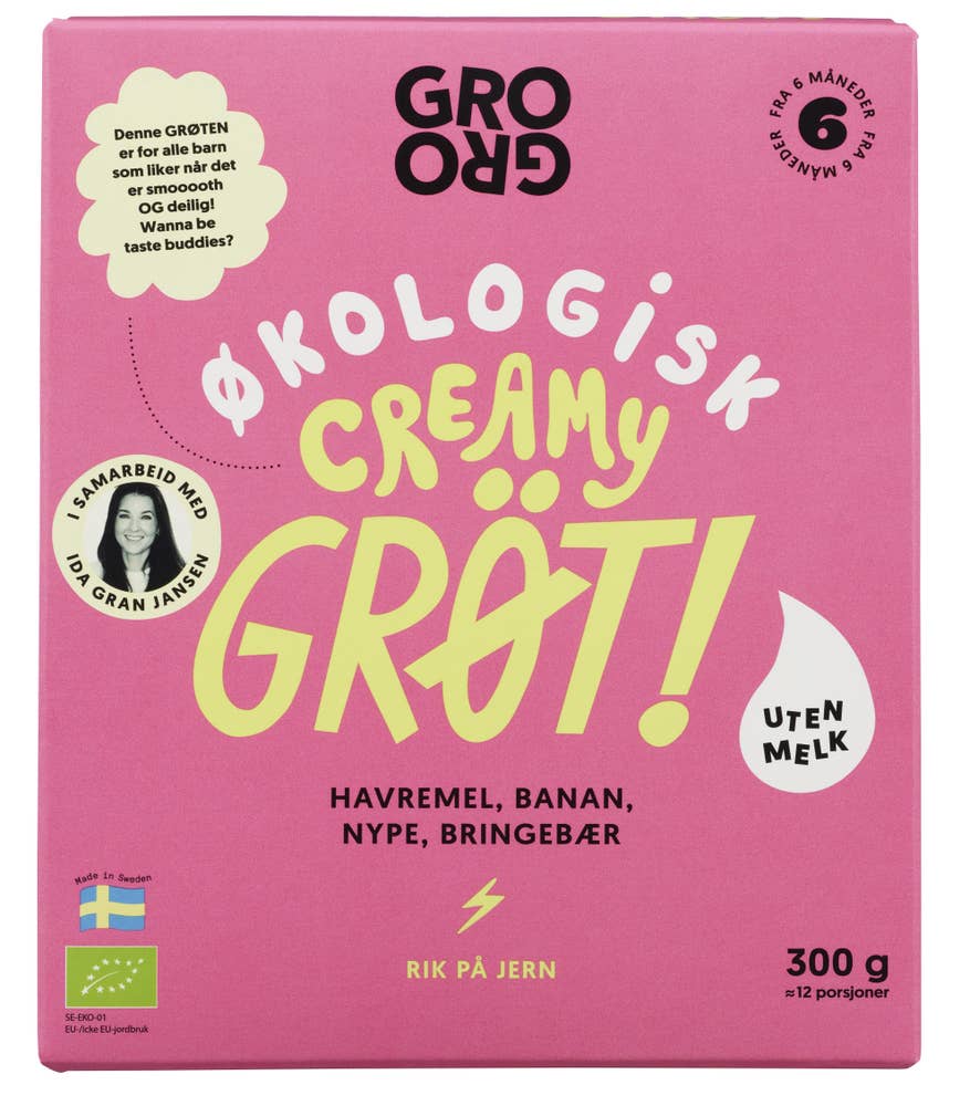 Grogro Pulvergrøt Creamy med havre, banan og bringebær, Fra 6 mnd.