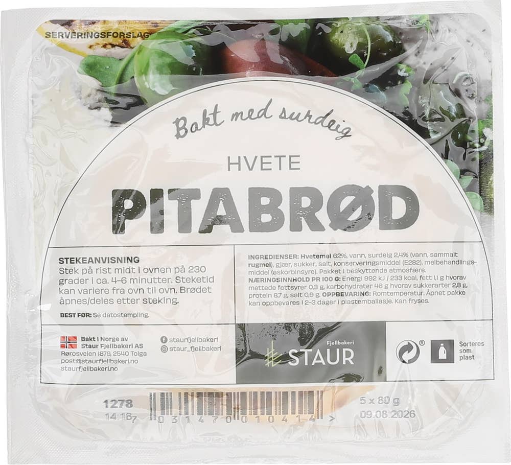 Staur Fjellbakeri Pitabrød hvete, ca 15 cm 5 stk
