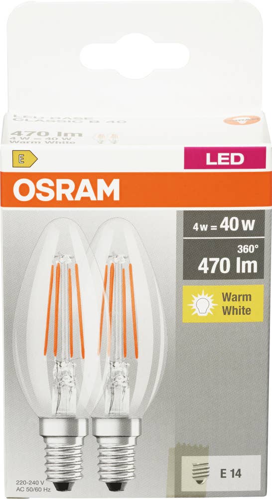 Osram LED-lyspære CLB 40 Klar, E14, 2-pk