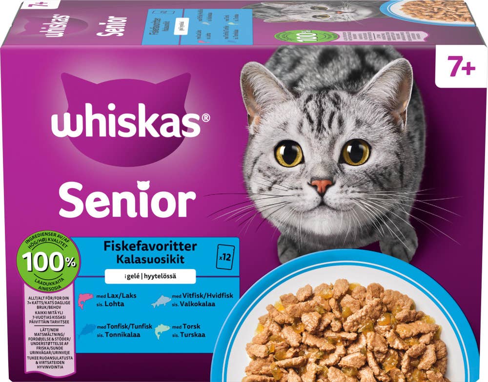 Whiskas Fish Selection Våtfôr med laks, tunfisk, torsk og hvitfisk i gelé Til seniorkatter fra 7 år, 12 x 85g