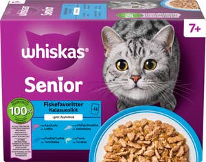Whiskas Fish Selection Våtfôr med laks, tunfisk, torsk og hvitfisk i gelé Til seniorkatter fra 7 år, 12 x 85g