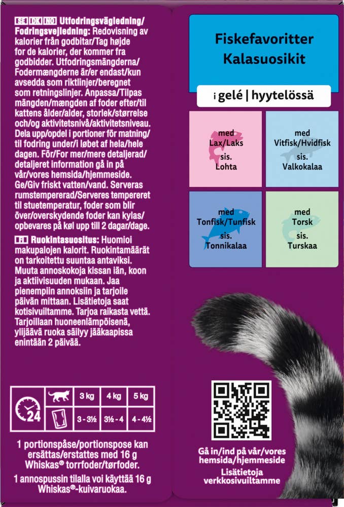 Whiskas Fish Selection Våtfôr med laks, tunfisk, torsk og hvitfisk i gelé Til seniorkatter fra 7 år, 12 x 85g