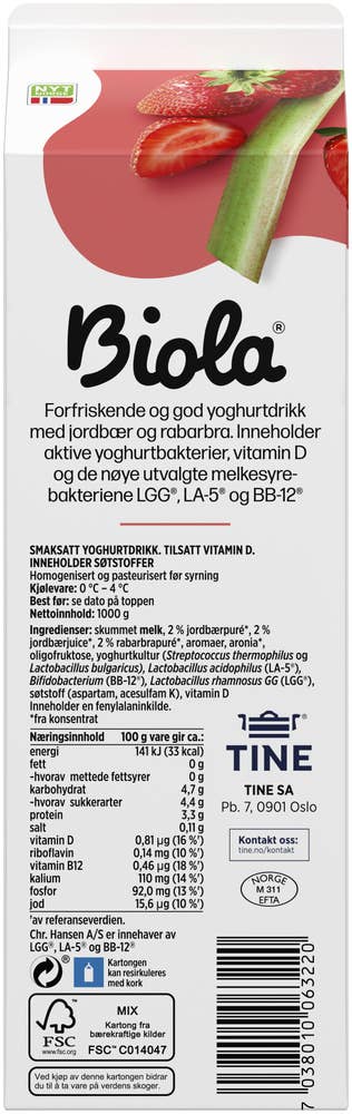 TINE Biola® yoghurtdrikk jordbær & rabarbra Uten Tilsatt Sukker