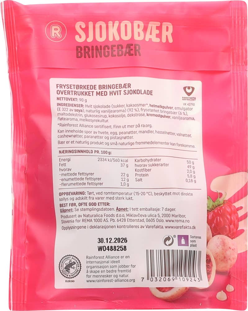 R Sjokobær Bringebær med hvit sjokolade