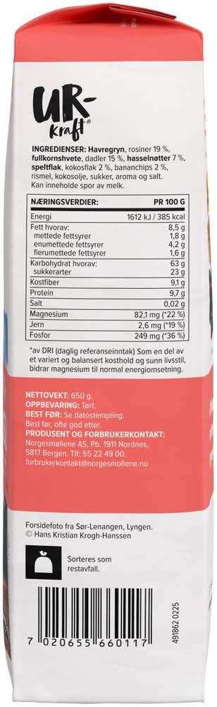 Urkraft Energi-müsli med hasselnøtter, dadler, banan og rosiner