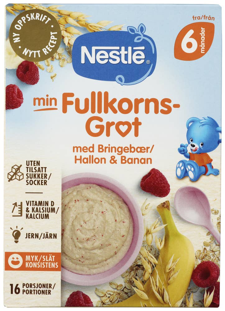 Min fullkornsgrøt Bringebær og banan Fra 6 mnd
