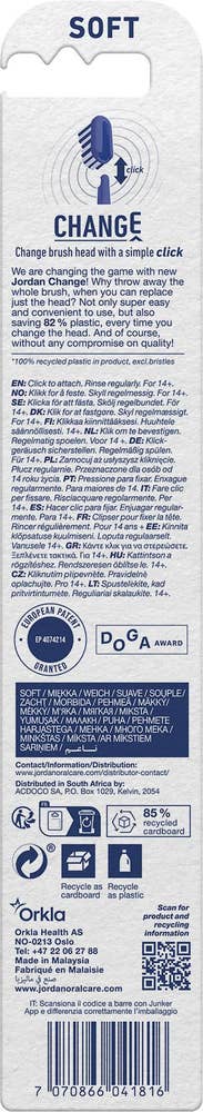 Jordan Tannbørste Change Soft Med 2 hoder, ass. farge
