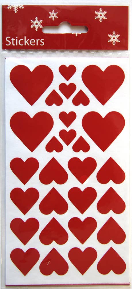 Festive Klistremerker røde hjerter 2 størrelser, 2 ark