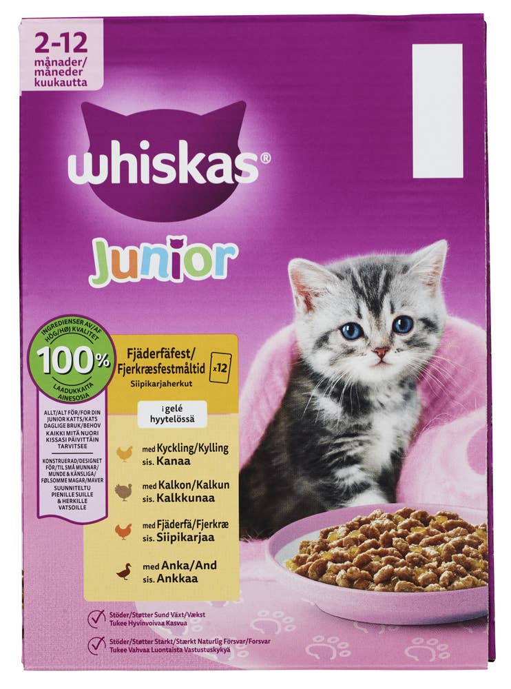 Whiskas Våtfôr til kattunge med fjærkre 2 - 12 mnd, 12 x 85g