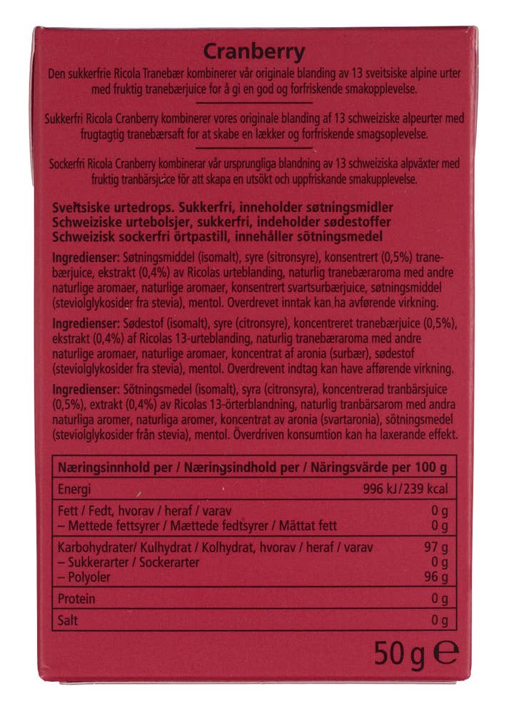 Ricola Cranberry sukkerfri