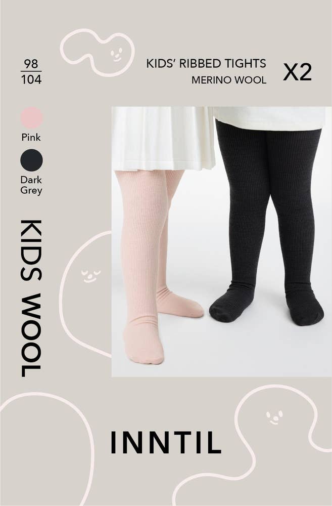 Inntil Ullstrømpebukse til barn Lysrosa og mørkegrå, str 98-104