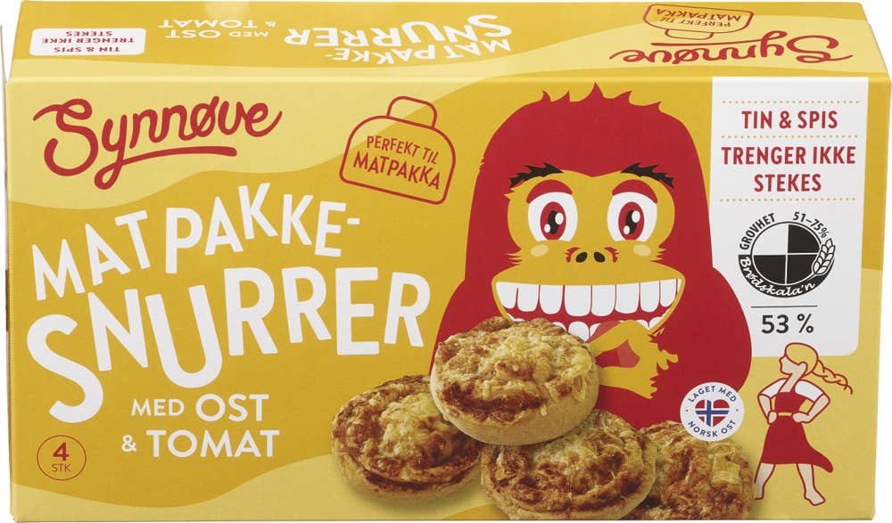 Synnøve Matpakkesnurrer Ost og tomat, 4 stk