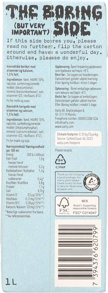OATLY Havredrikk kalsium 1,5% fett