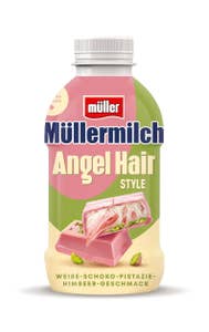 Müllermilch Angel Hair Med smak av hvit sjokolade, pistasj og bringebær