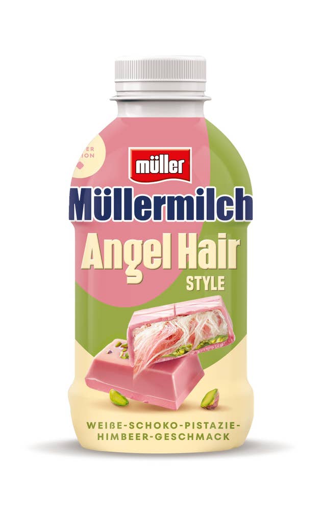 Müllermilch Angel Hair Med smak av hvit sjokolade, pistasj og bringebær