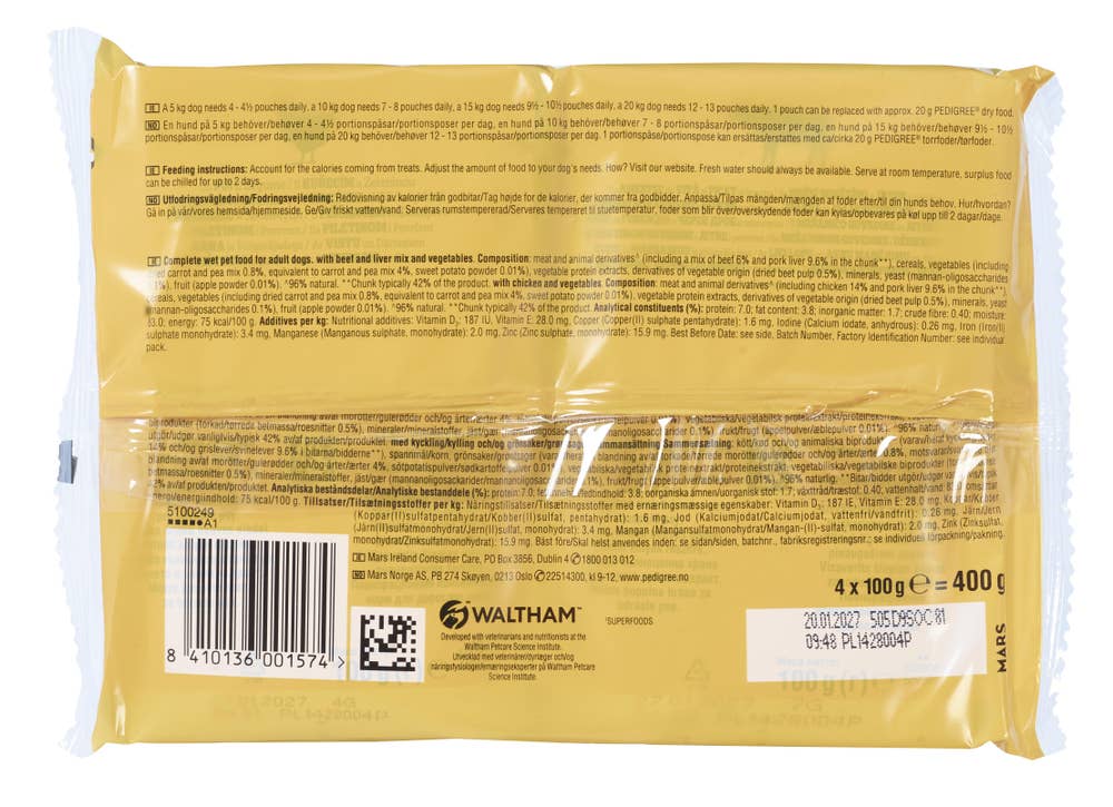 Pedigree Våtfôr til voksne hunder Med kylling, biff og grønnsaker